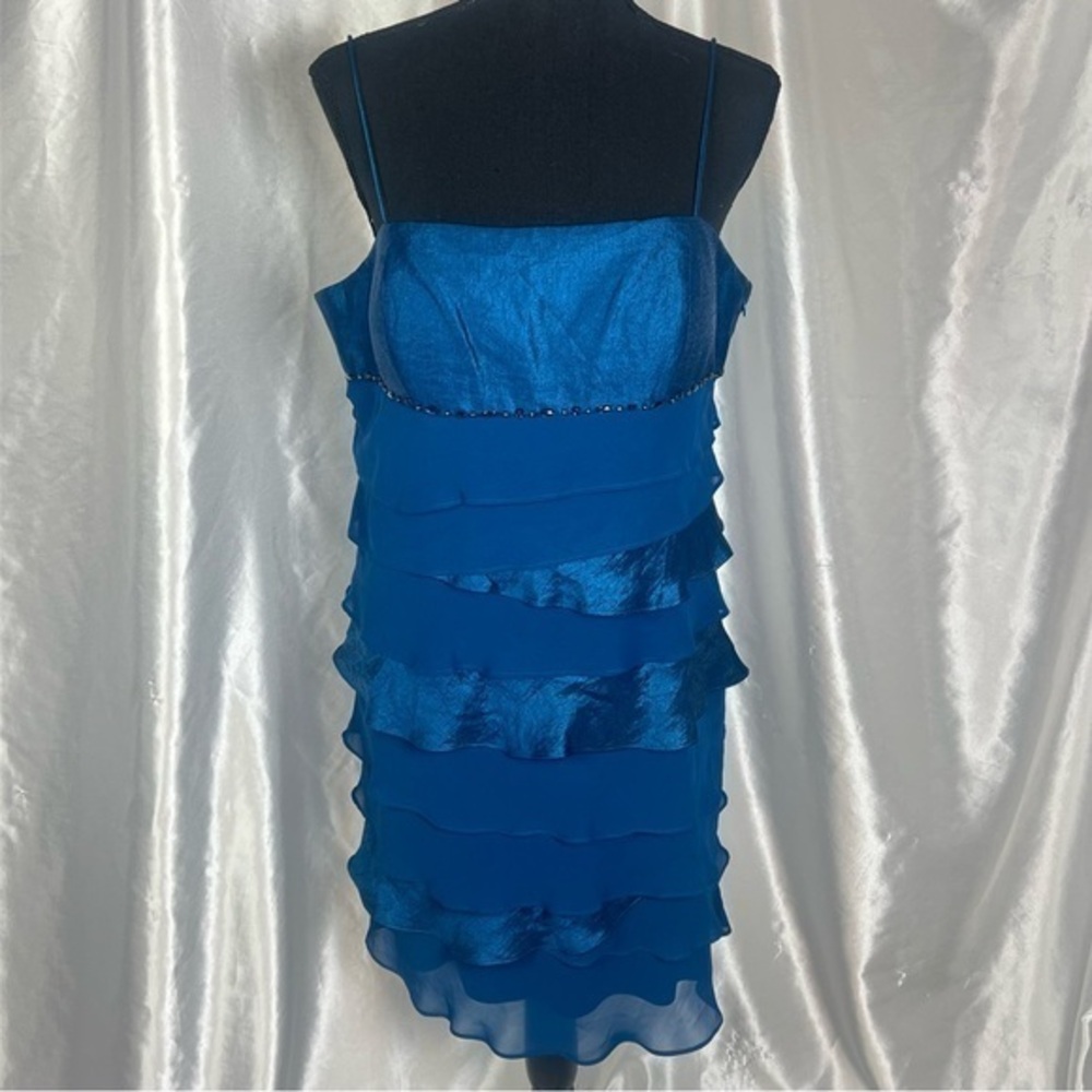 Y2K Prom Blue Tiered Mini Dress 14P Satin & Chiffon Ruffles